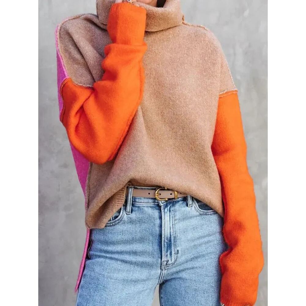 Fall Turtle Neck Sweater Colorblock Dropped Shoulder Slit Sweater